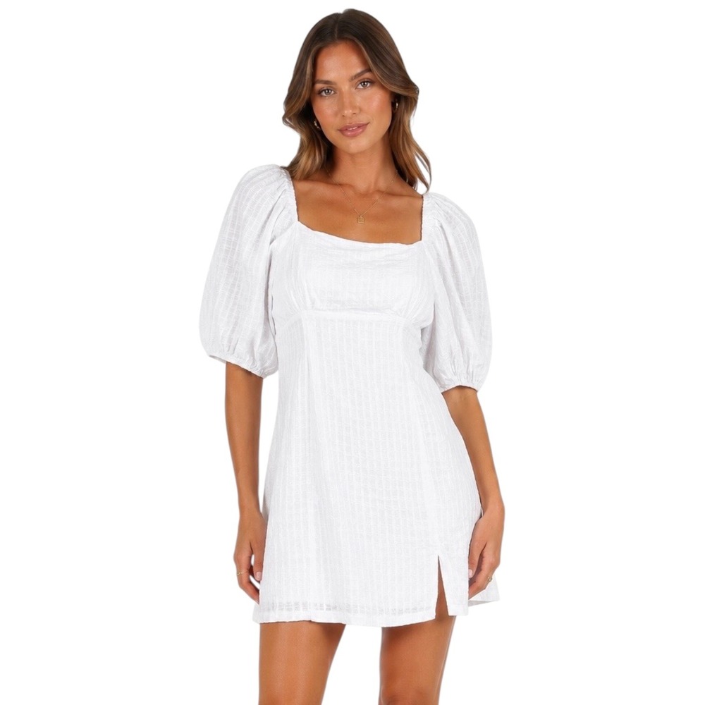 Showpo White Babydoll Mini Dress Puff Sleeves Square Neck Milkmaid US Size 4